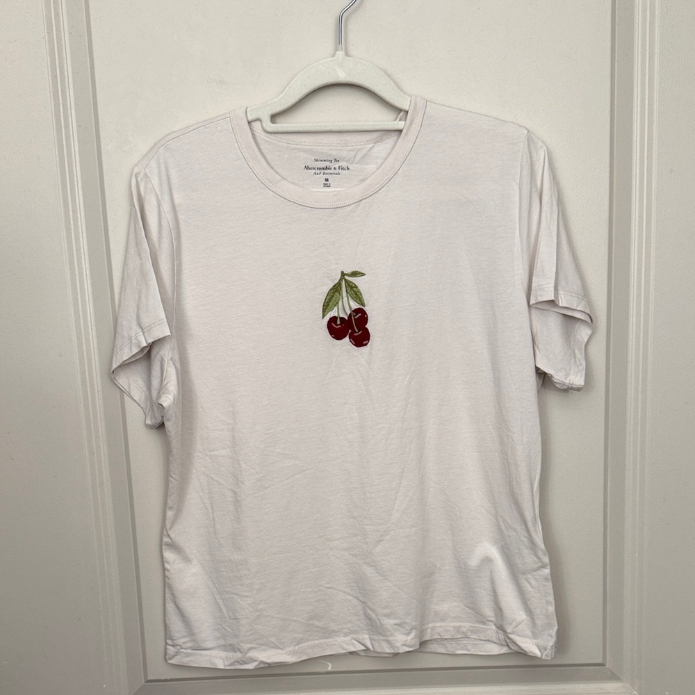 Abercrombie & Fitch White Short Sleeve Tee with Cherry Embroidery